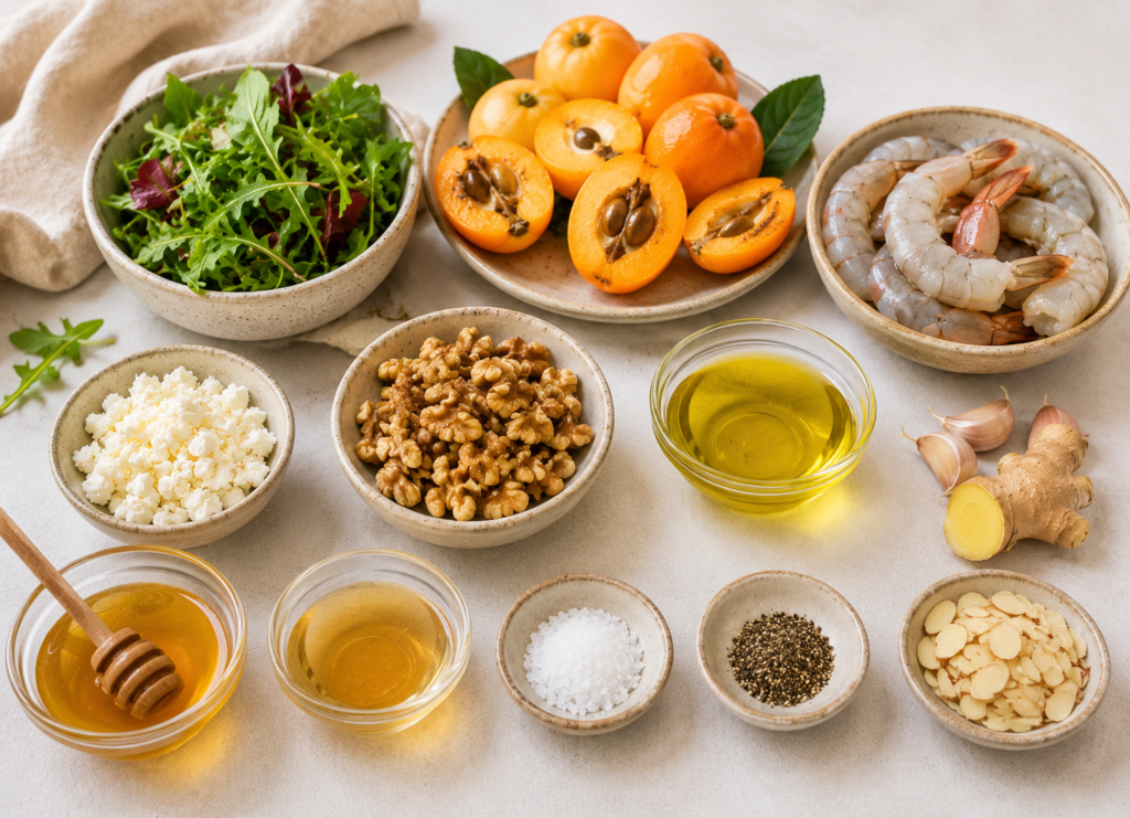 Ingredientes de la ensalada templada de nísperos y langostinos