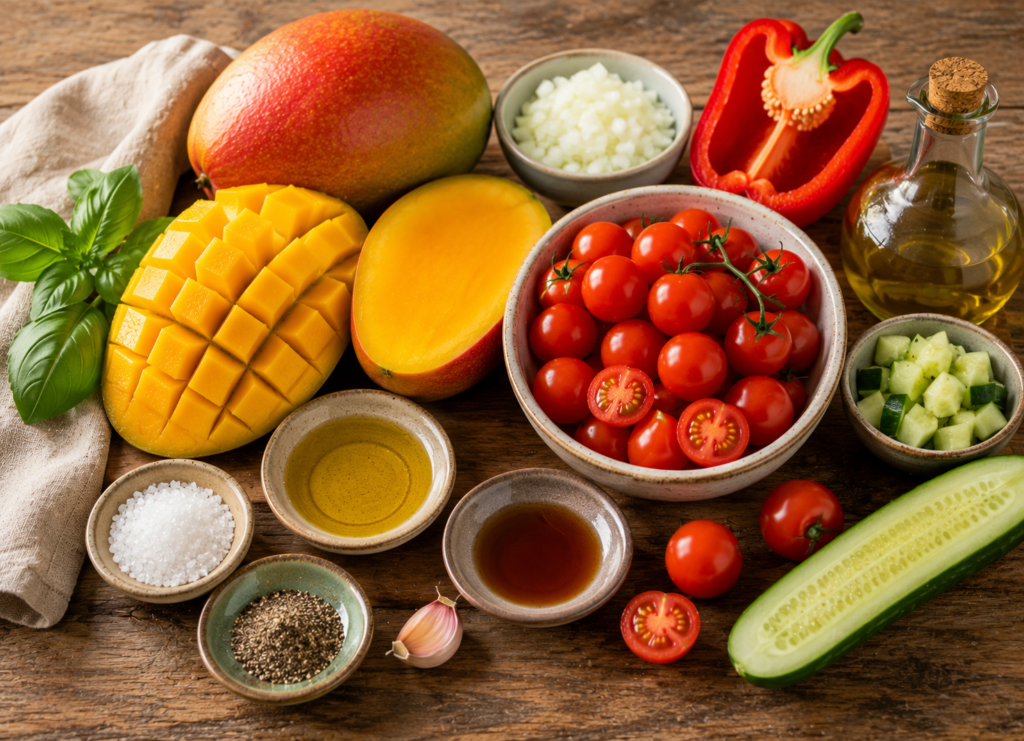 Ingredientes del gazpacho de mango y tomate cherry