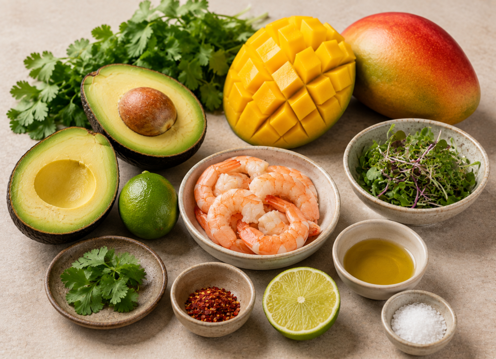 Bocados de aguacate, langostinos y mango