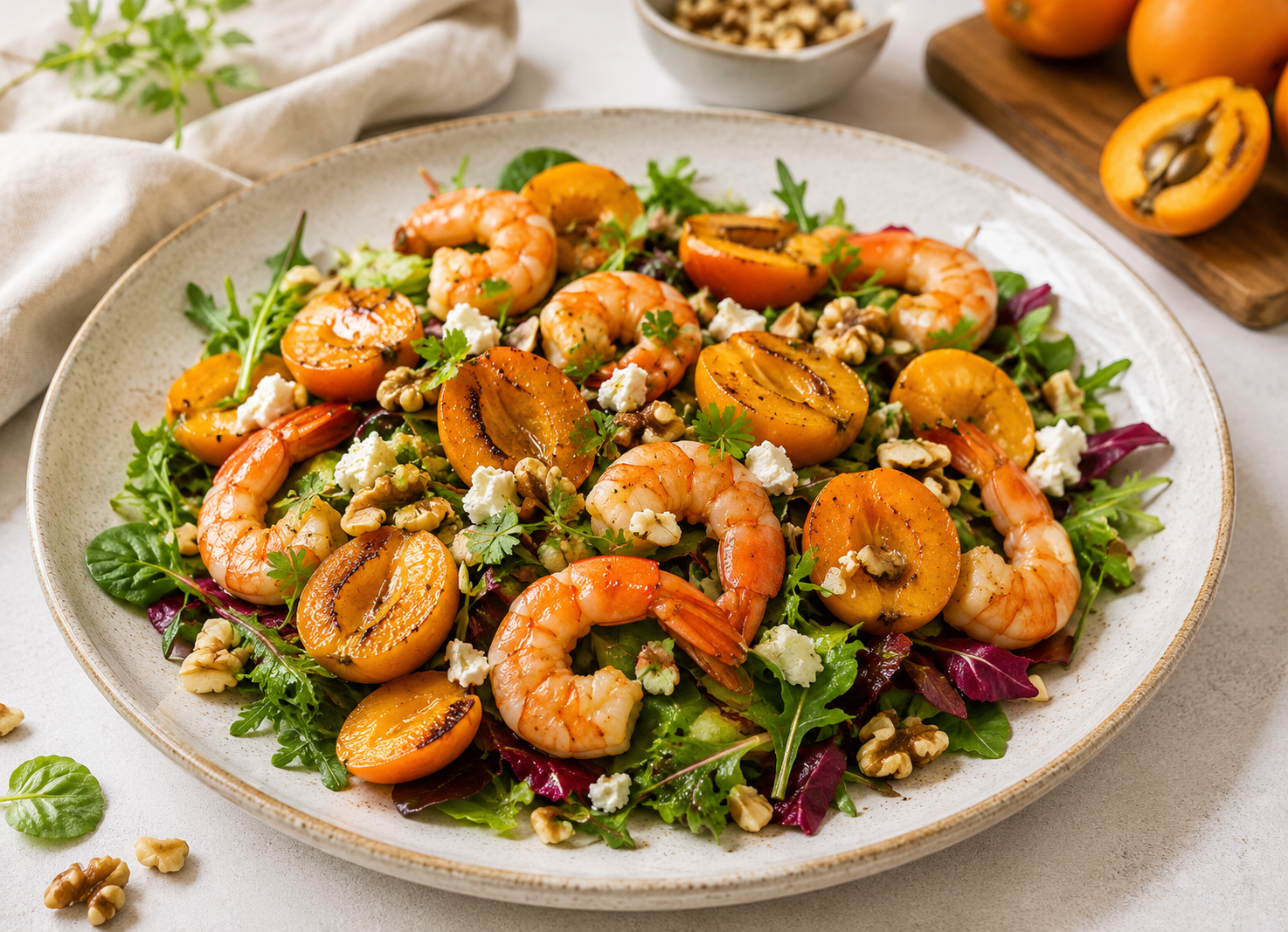 Ensalada templada de nísperos y langostinos