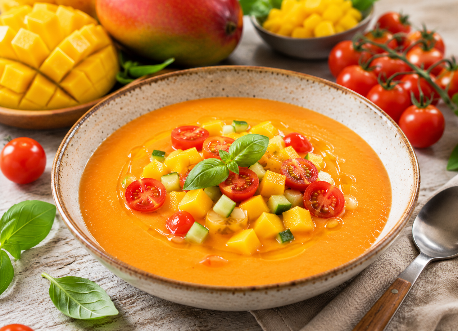 Gazpacho de mango y tomate cherry