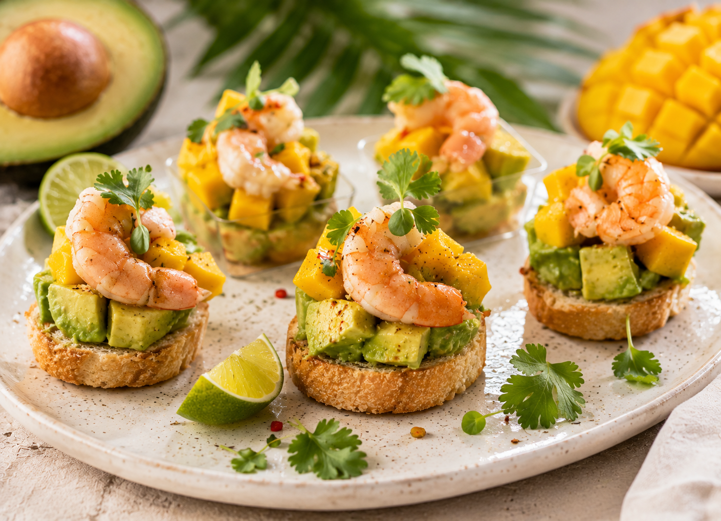 Bocados de aguacate, langostinos y mango